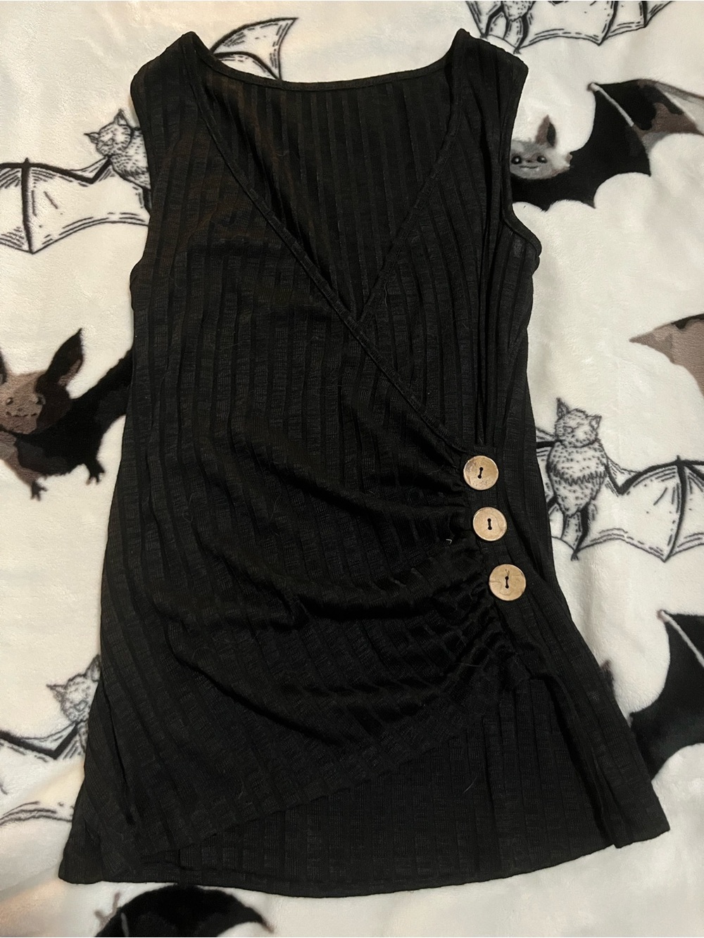 Black Ribbed Faux-Wrap Dress with Button Detail